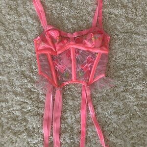 For Love And Lemons pink Velvet Beaded Bow Lace Corset